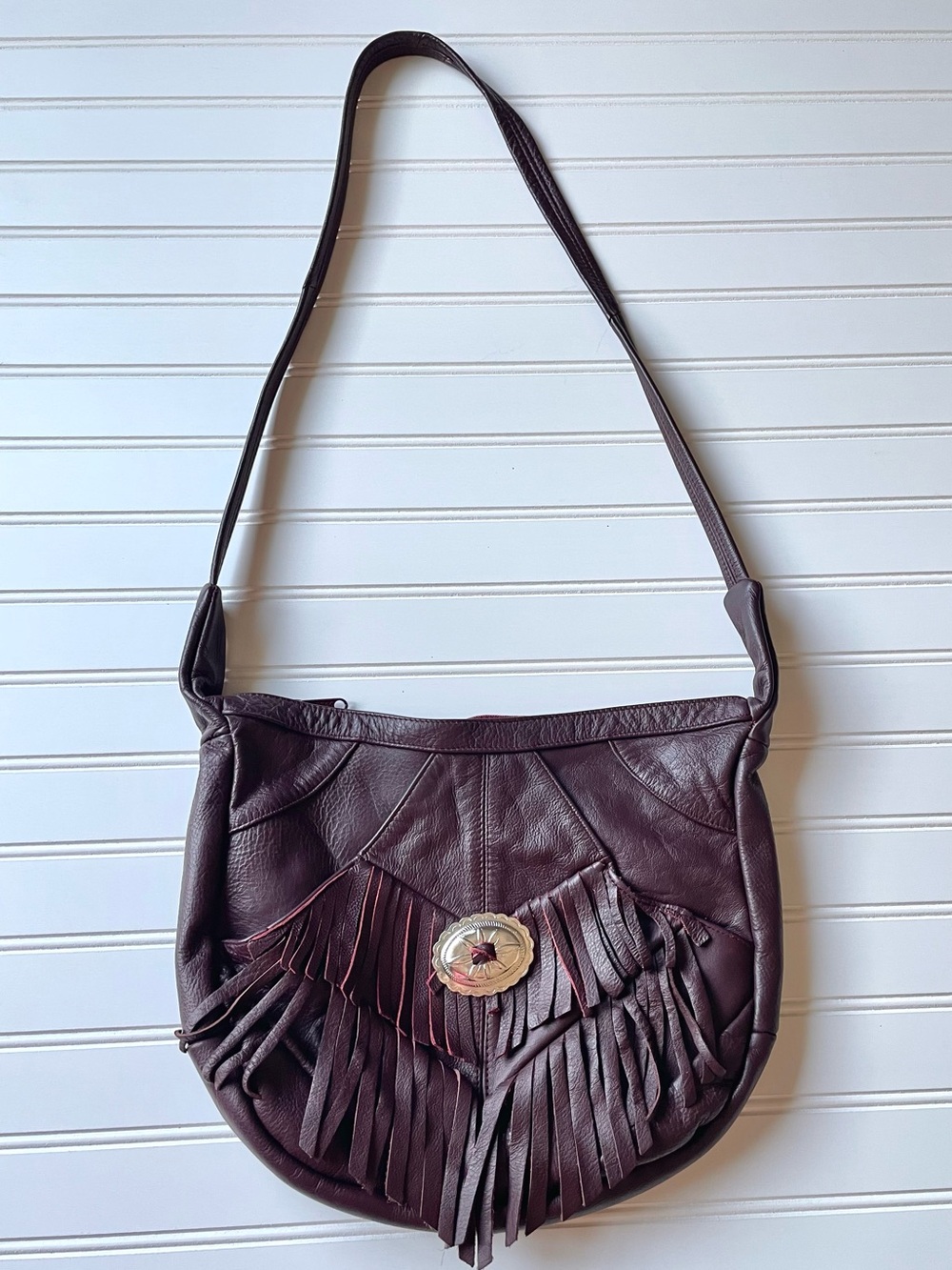 Genuine Leather Fringe Concho Hobo Shoulder Bag Mahogany Festival Boho Mexican